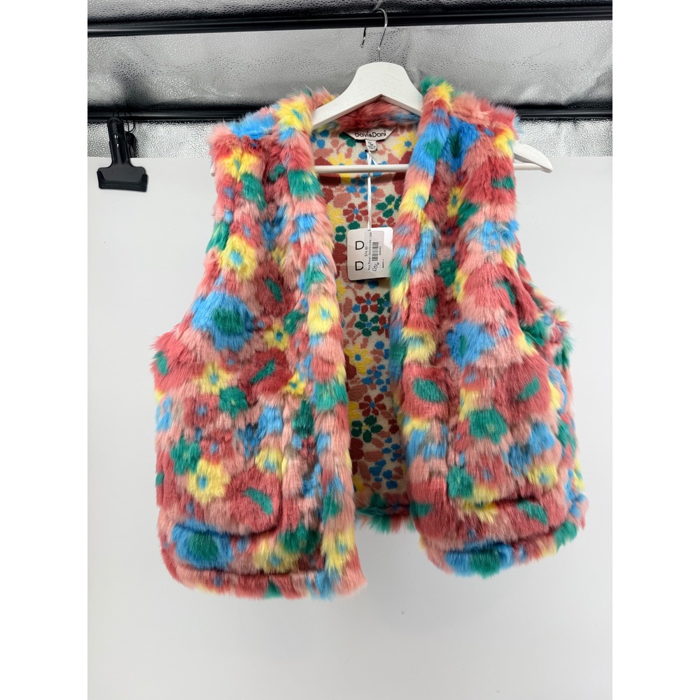 Davi & Dani Women Pink Floral Faux Fur Vest Multicolored Open Front DV52315 S/M